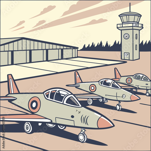 Military jets parked on tarmac with control tower fighter jets