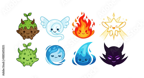 Cute elemental creatures with happy faces