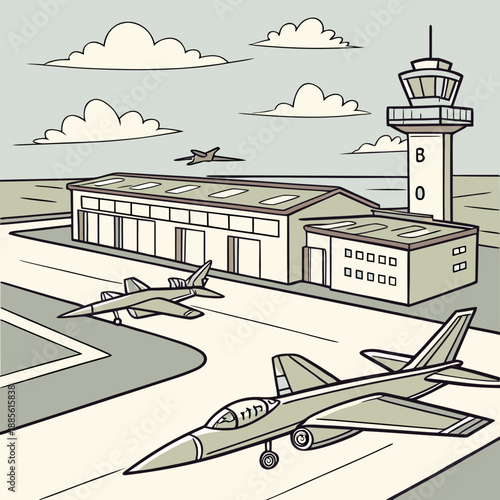 Air force base scene with parked combat jets and control tower
