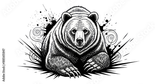Artistic illustration of a bear emerging from black ink splatters.