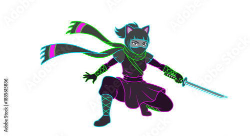 Anime cyberpunk ninja woman with cat ears and sword