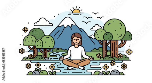 Woman meditating by a peaceful mountain lake with trees