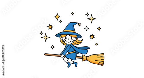 Cute cartoon witch on a broomstick with stars