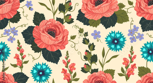 Seamless vintage floral pattern with coral roses and blue cornflowers