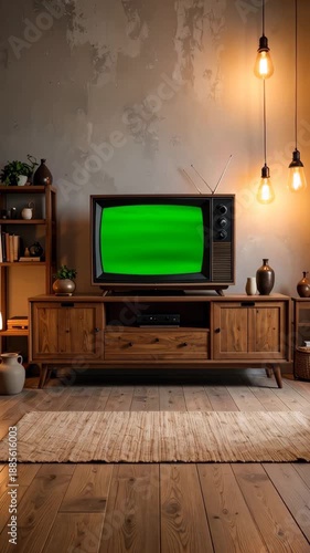 Interior of living room with retro television set, wooden cabinet, hanging Edison light bulbs, against a textured beige wall