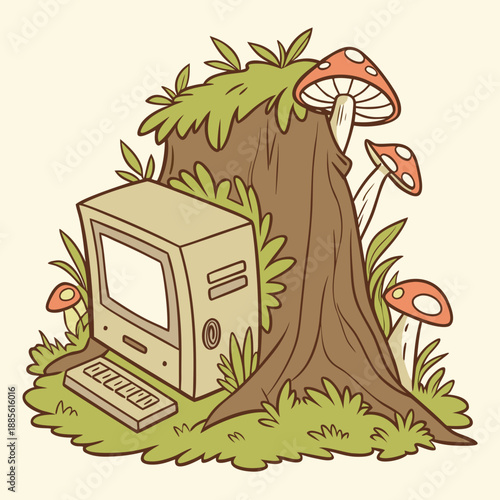 Computer overgrown with moss and mushrooms tree stump