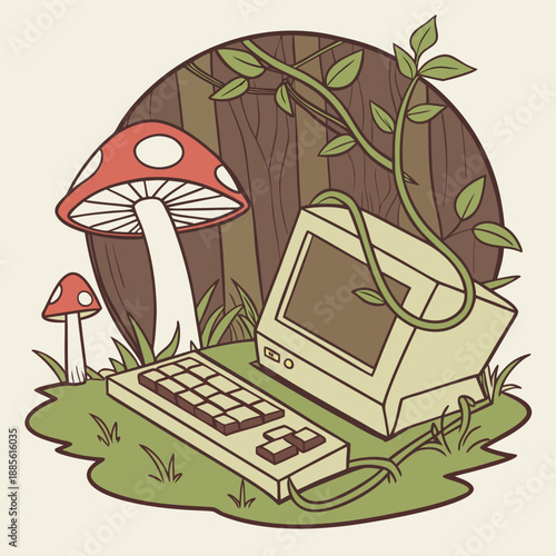 Fungi reclaiming old computer mushrooms keyboard monitor