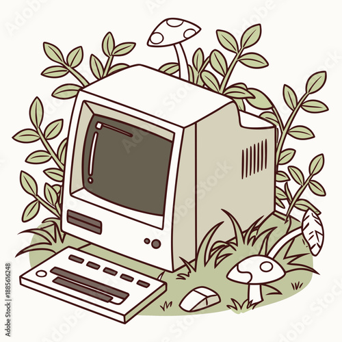 Old desktop computer overgrown with green plants and mushrooms
