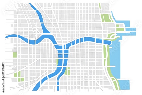 City street map with winding blue rivers and green spaces on white background