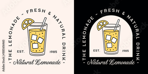 Lemonade fresh and natural iced drink logo fancy retro vintage aesthetic packaging label tag sticker design. Organic lemon freshly squeezed fruit flavor glass with straw outline drawing summer print.