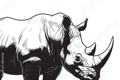 A black and white illustration of a rhinoceros standing alone on a plain background