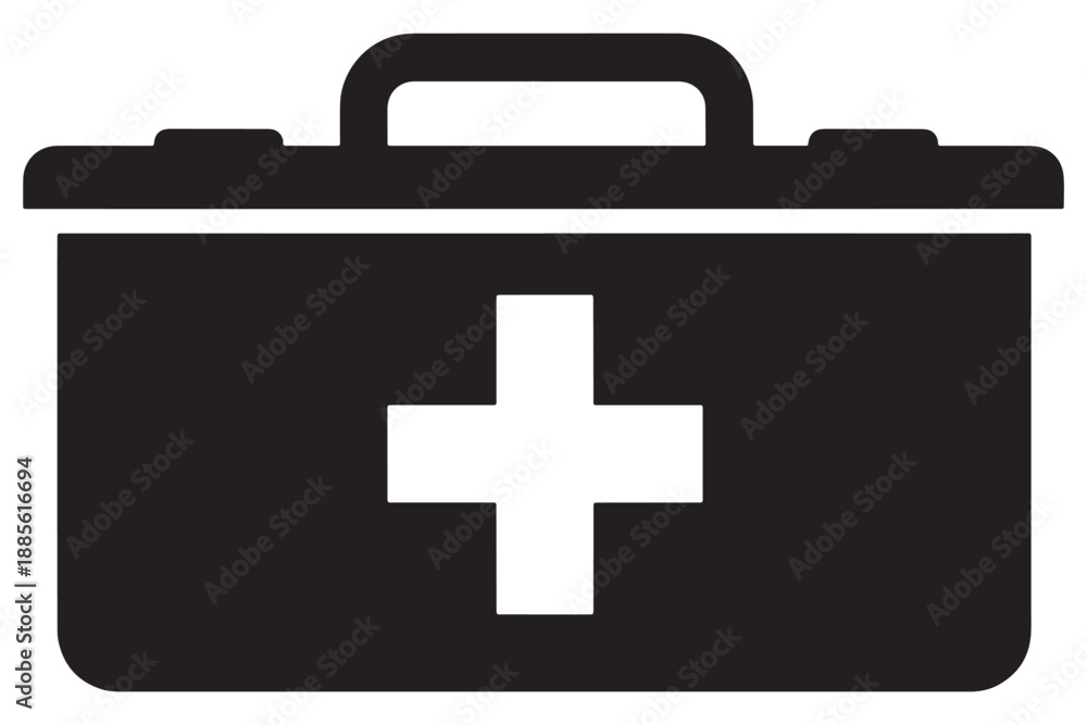 Obraz premium A black and white icon of a first aid kit with a handle and a cross on the front.