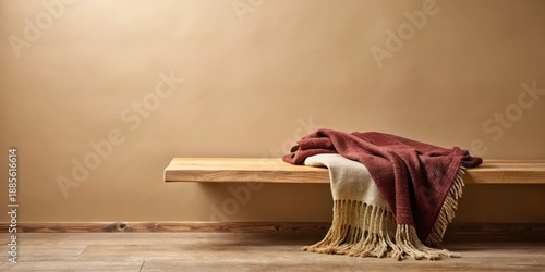 Rustic wooden shelf with folded warm textured blankets in autumnal tones, providing a cozy and inviting atmosphere for a home interior scene.