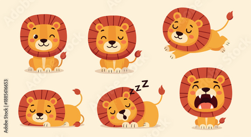 Flat lay of six cartoon lions in various playful poses on a beige background with expressive facial emotions.