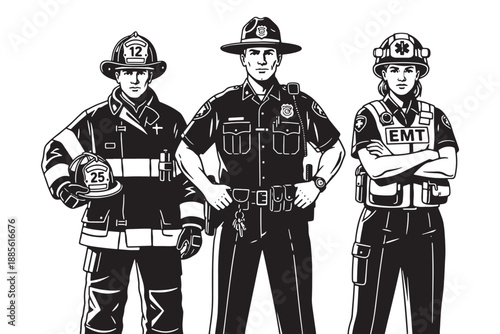 Three emergency responders, a firefighter, police officer, and EMT, standing together in uniform.