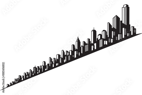 A black and white illustration of a city skyline rising up a steep incline