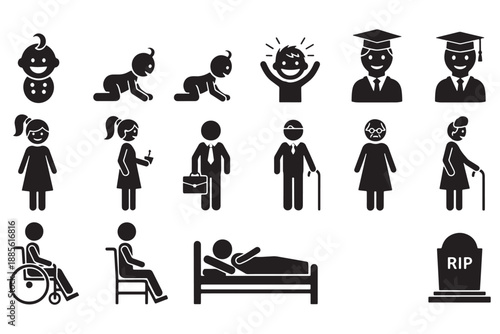 A collection of black and white icons representing different stages of human life and emotions