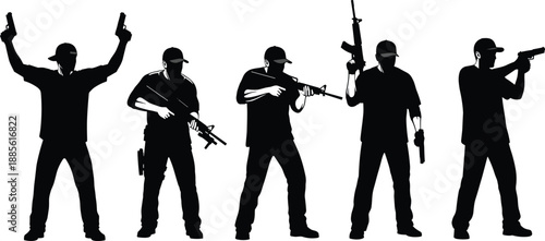 Armed silhouette, tactical, firearm, pose, uniform, action, defense, military, shooter, weapon, graphic, black, stance, group, readiness, cap, pants, illustration, combat, formation