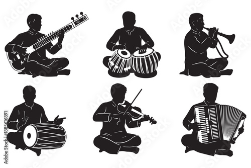 Silhouette of musicians playing various traditional Indian musical instruments on a white background