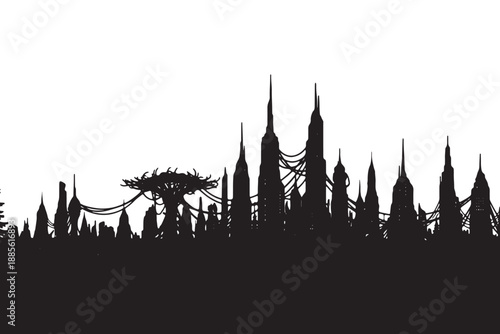 A futuristic cityscape silhouette with sleek skyscrapers and a unique tree-like structure
