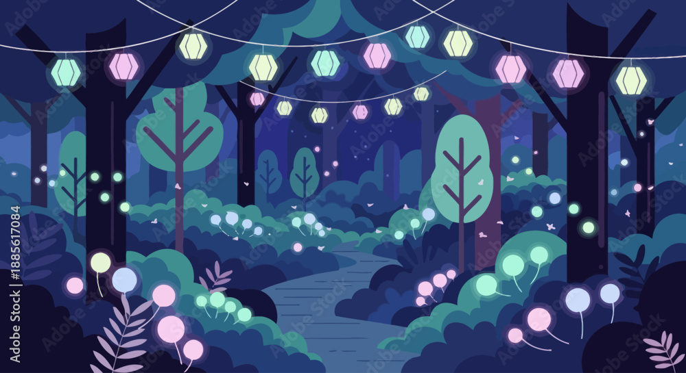 Obraz premium Magical forest path lit by lanterns at night.