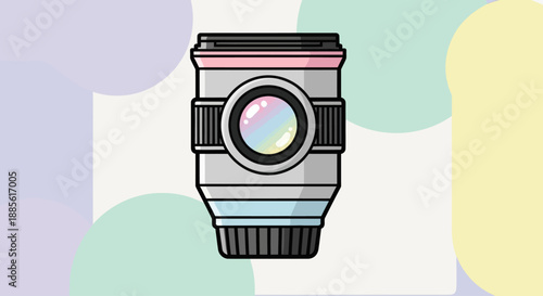 Stylized camera lens on a colorful abstract background