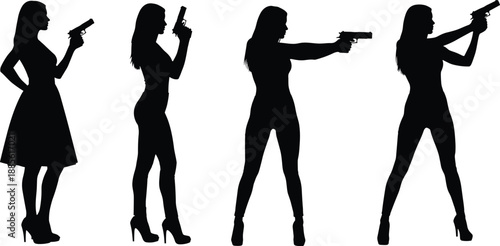 Female silhouette with firearms, action pose, high heels, stylish combat, weapon stance, bold fashion, vector art, empowerment, dramatic design