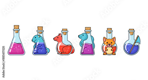 Cute animals trapped in magic potion bottles