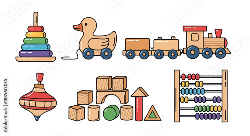 Collection of classic wooden children's toys.