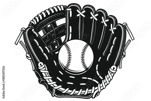 A black baseball glove with a white baseball sitting in the pocket.