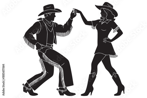 A black and white illustration of a cowboy and cowgirl dancing together in a western style