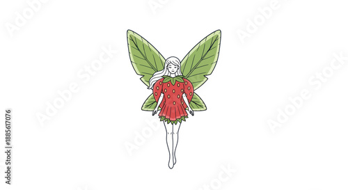 A whimsical fairy dressed in a strawberry costume with leaf wings.