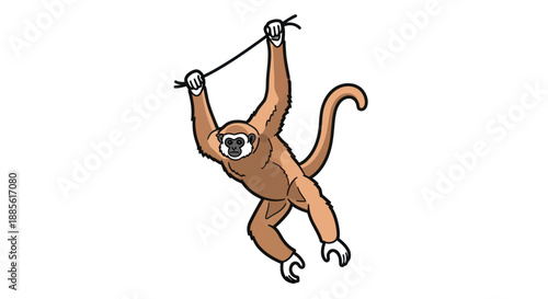 A cartoon gibbon swings from a vine, its long arms extended.