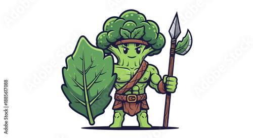 Broccoli warrior with shield and spear on white background