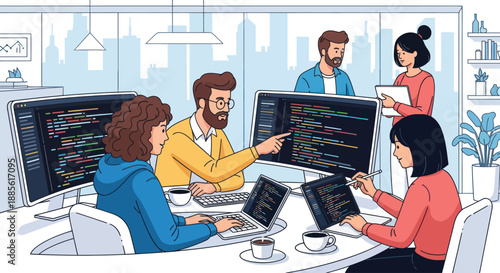 Diverse team of programmers collaborating on software development in an office.