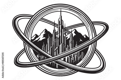 A futuristic cityscape nestled in the mountains, surrounded by a stylized atomic orbit design