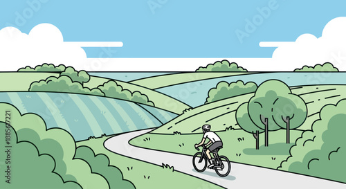 Cyclist rides on a scenic road through rolling green hills.