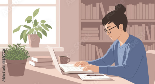 Student learning at home with laptop and books.