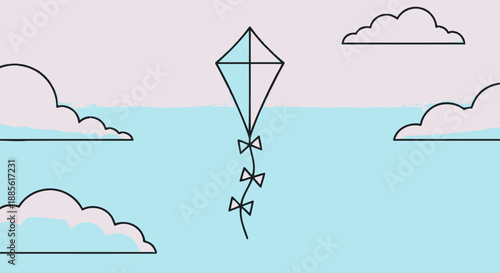 A simple line drawing of a kite flying in a blue sky with clouds.