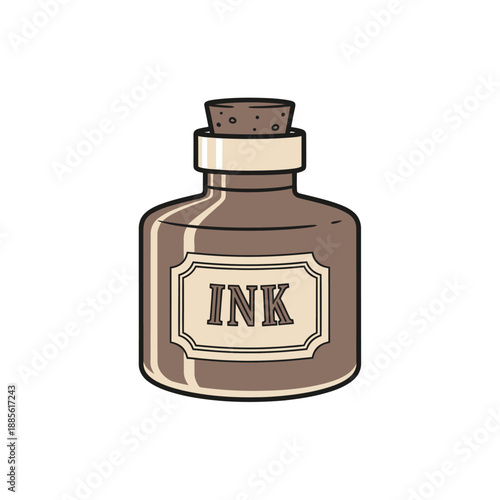Old fashioned ink bottle with cork and label.