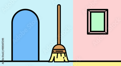 Minimalist illustration of a broom in a room with pastel walls.