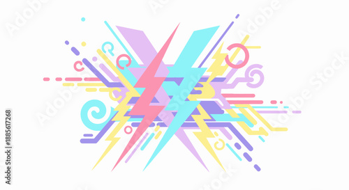 Abstract colorful lightning bolts and geometric shapes in pastel colors