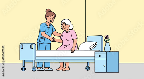 A caring nurse helps an elderly woman patient in a hospital room.