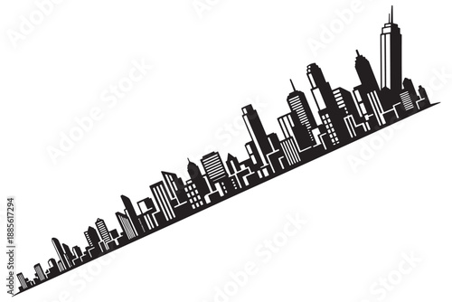 A black and white illustration of a city skyline with tall buildings and skyscrapers on a white background