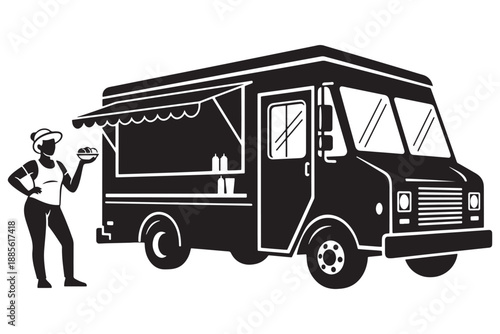 A black and white illustration of a food truck with a chef holding a plate of food.