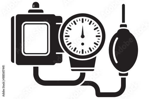 A black and white illustration of a blood pressure monitor with a gauge and cuff