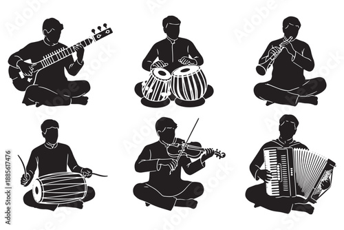 Silhouette of musicians playing various traditional and modern musical instruments in a meditative pose