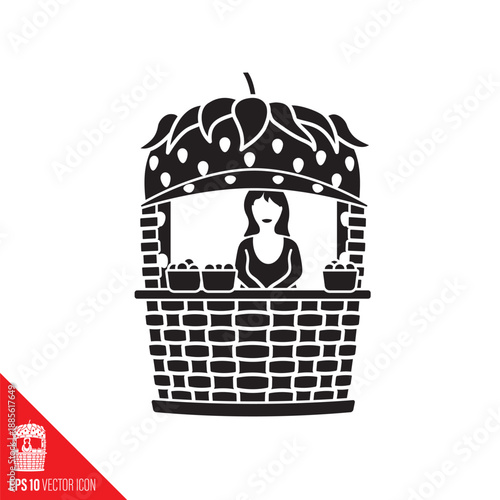 Young woman in strawberry kiosk vector icon