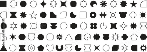 Abstract geometric shapes. Vector basic shape collection.  Collection of geometric shapes on white background. Geometric shapes, figures, stars, flower and circles. Basic brutal forms and figures set