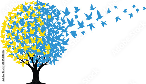 Abstract tree with flying birds forming heart shape, colorful nature freedom and hope concept illustration isolated on white background vector design